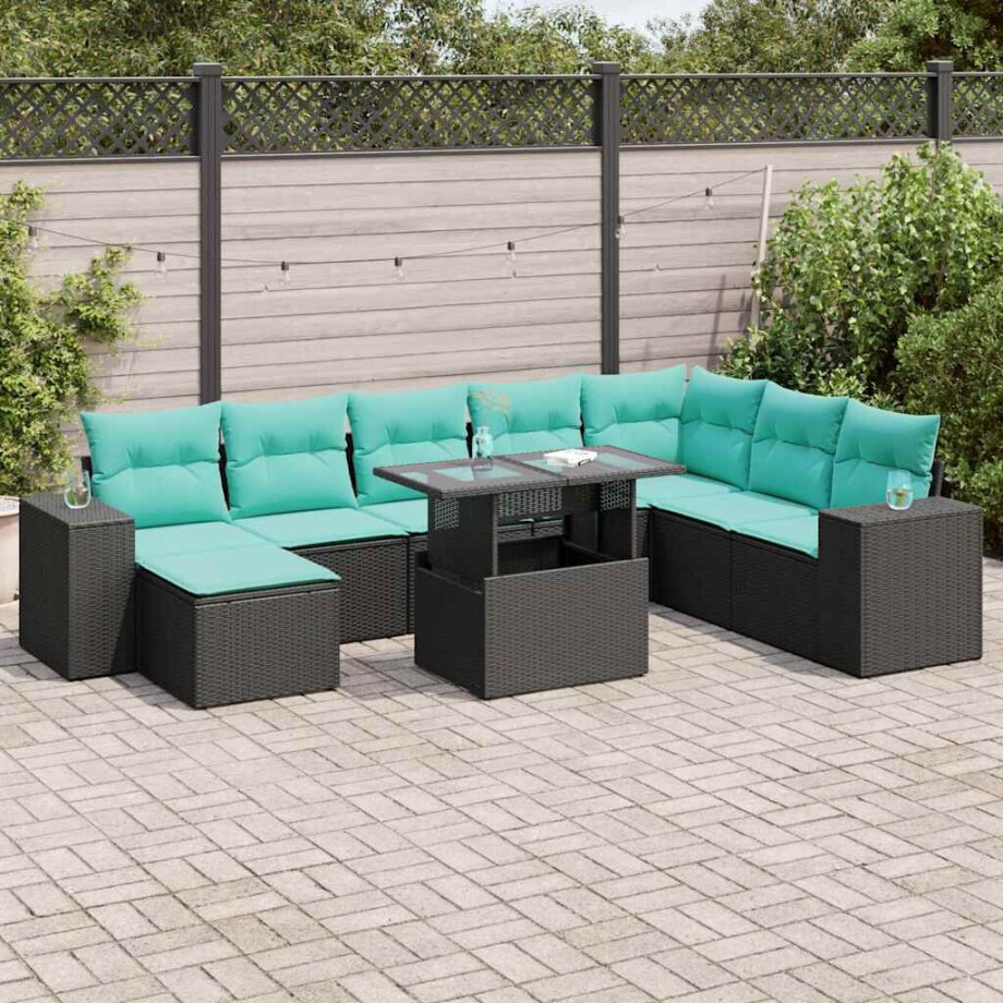 vidaXL 9-delige Loungeset met kussens poly rattan acacia zwart afbeelding 1