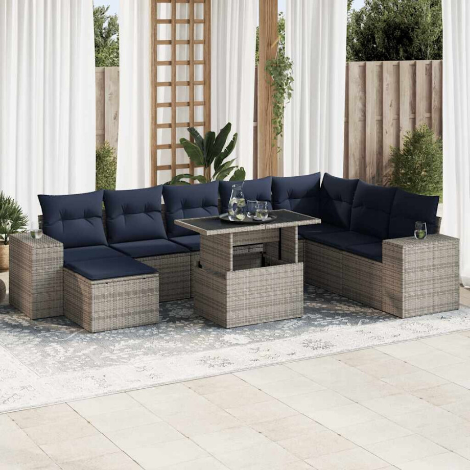 vidaXL 9-delige Loungeset met kussens poly rattan acacia grijs vidaXL 9-delige Loungeset met kussens poly rattan acacia grijs afbeelding 1