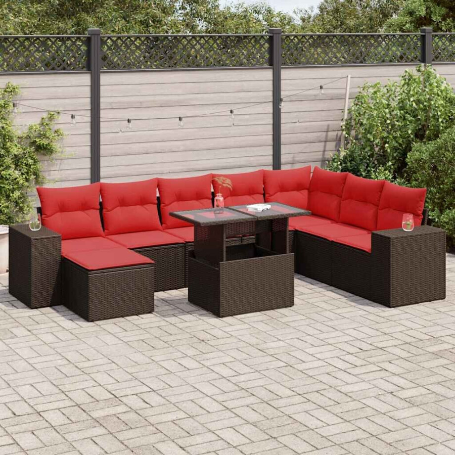 vidaXL 9-delige Loungeset met kussens poly rattan acacia bruin vidaXL 9-delige Loungeset met kussens poly rattan acacia bruin afbeelding 1