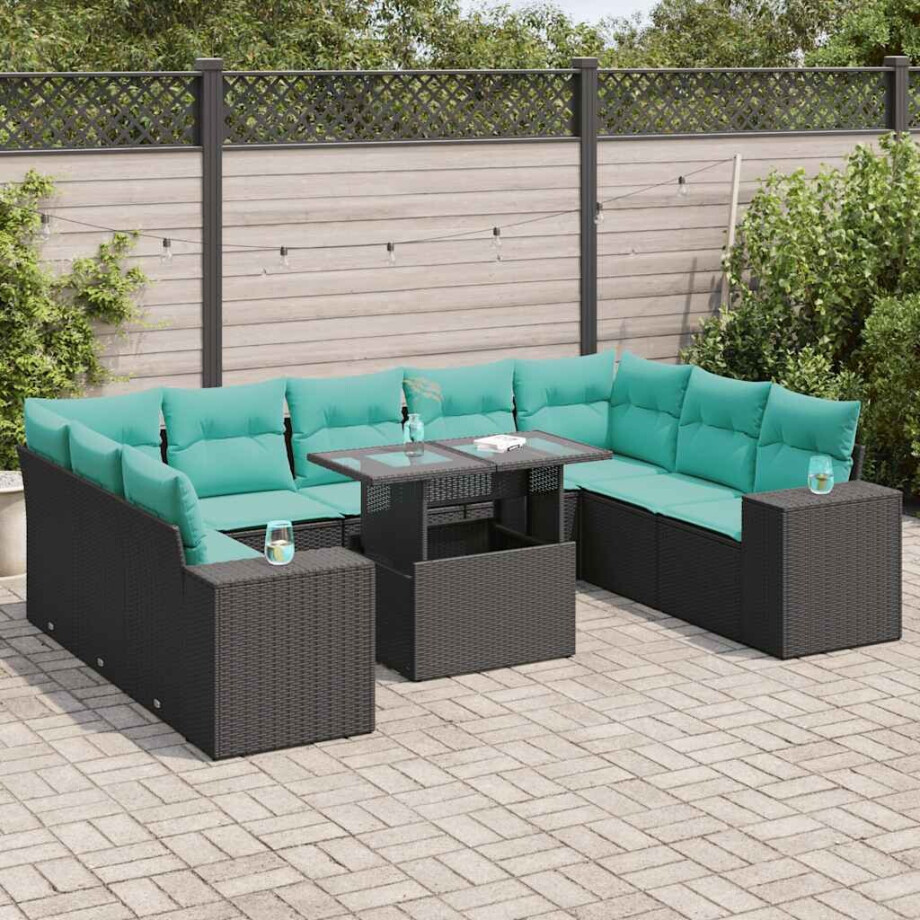 vidaXL 10-delige Loungeset met kussens poly rattan acacia zwart afbeelding 1