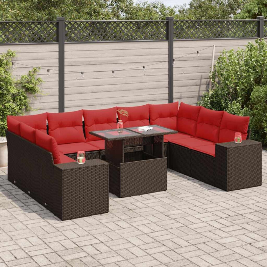 vidaXL 10-delige Loungeset met kussens poly rattan acacia bruin afbeelding 1