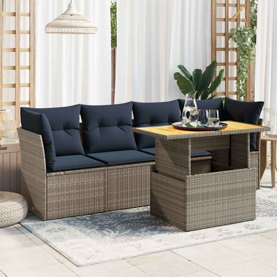 vidaXL 5-delige Loungeset met kussens poly rattan grijs vidaXL 5-delige Loungeset met kussens poly rattan grijs afbeelding 1