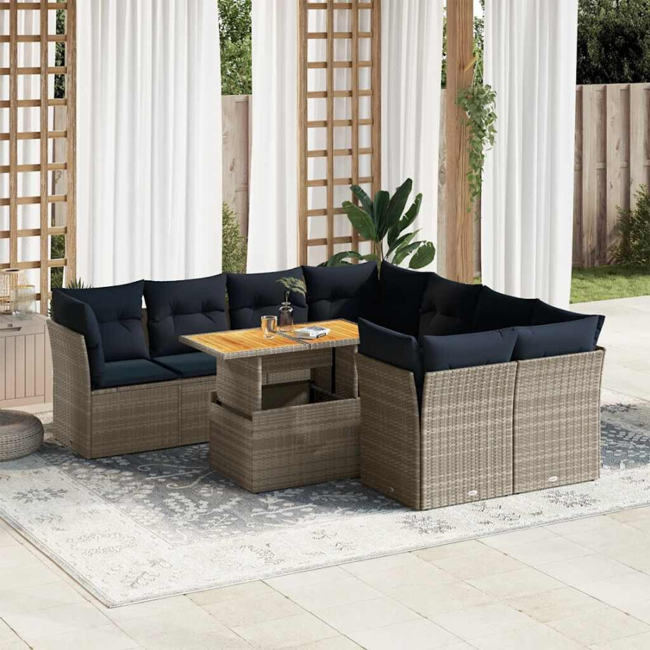 vidaXL 9-delige Loungeset met kussens poly rattan grijs afbeelding 1
