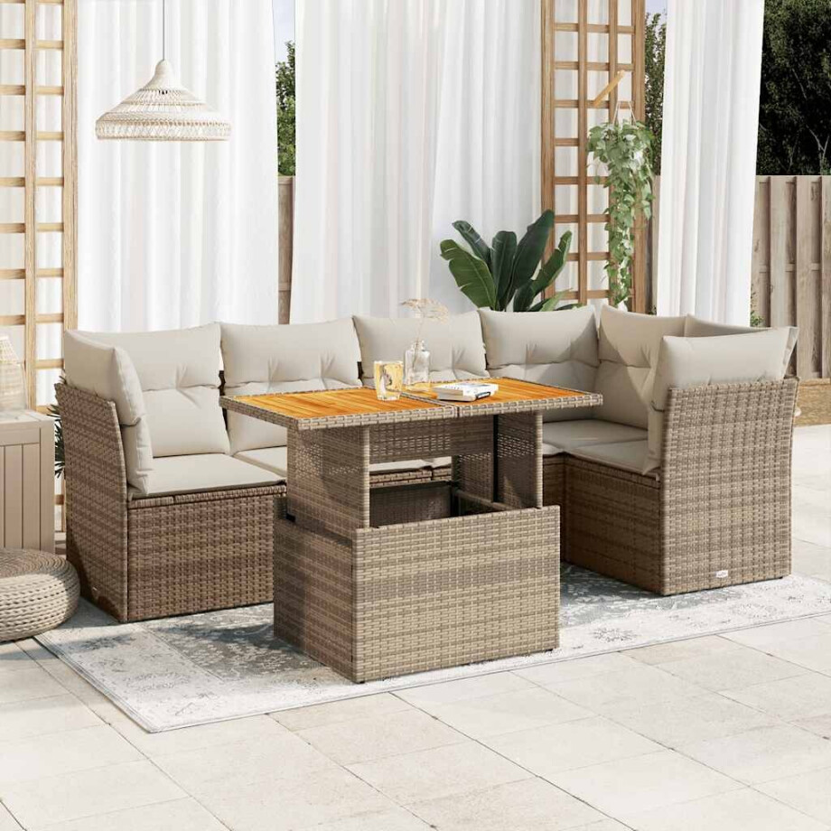 vidaXL 6-delige Loungeset met kussens poly rattan beige vidaXL 6-delige Loungeset met kussens poly rattan beige afbeelding 1