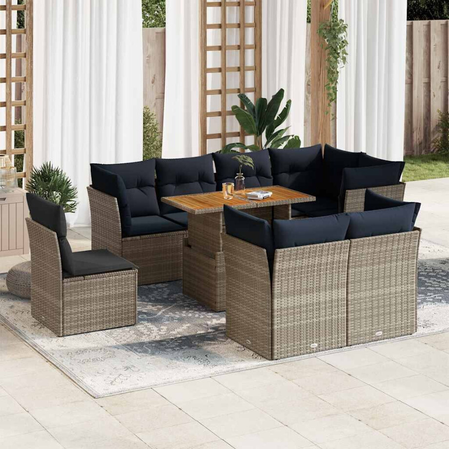 vidaXL 9-delige Loungeset met kussens poly rattan grijs afbeelding 1
