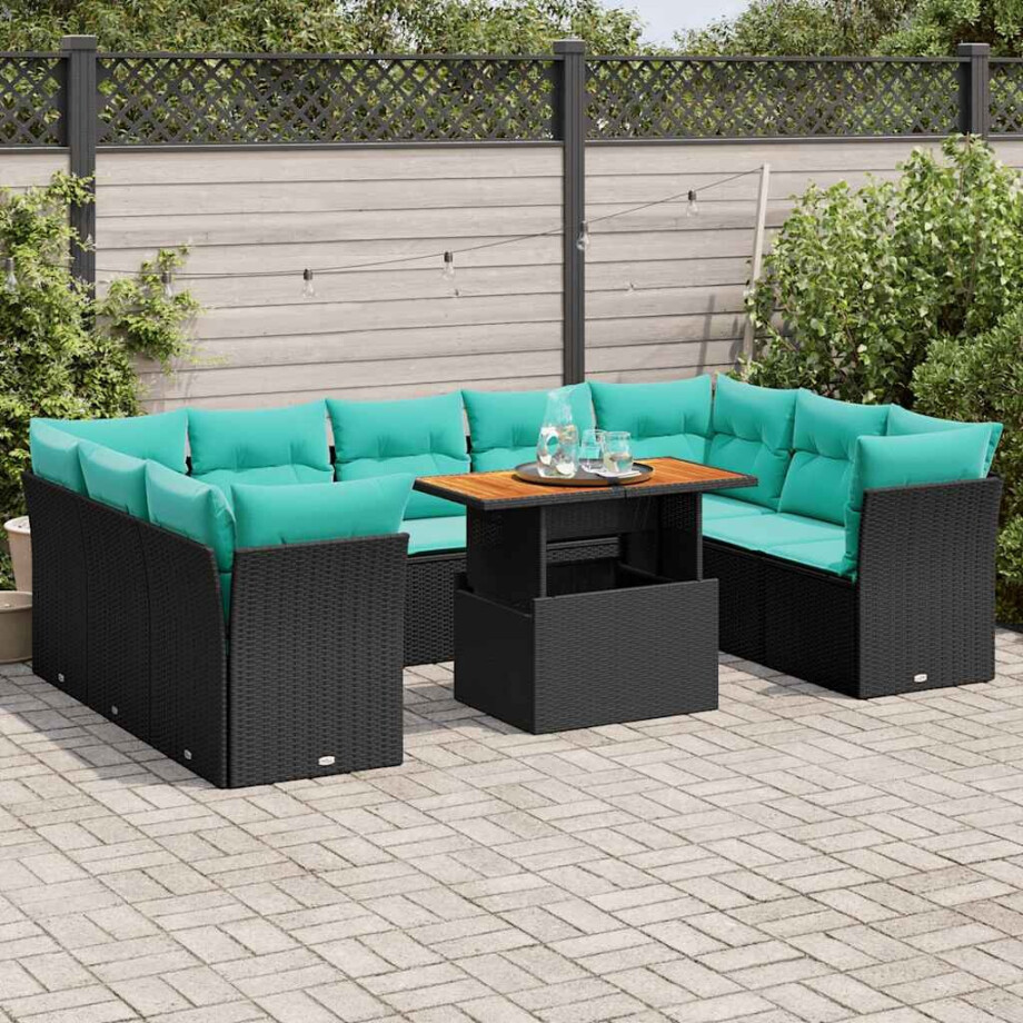 vidaXL 10-delige Loungeset met kussens poly rattan zwart afbeelding 1