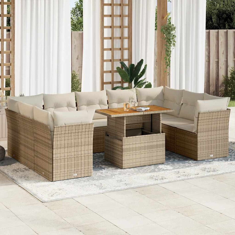 vidaXL 10-delige Loungeset met kussens poly rattan beige afbeelding 1