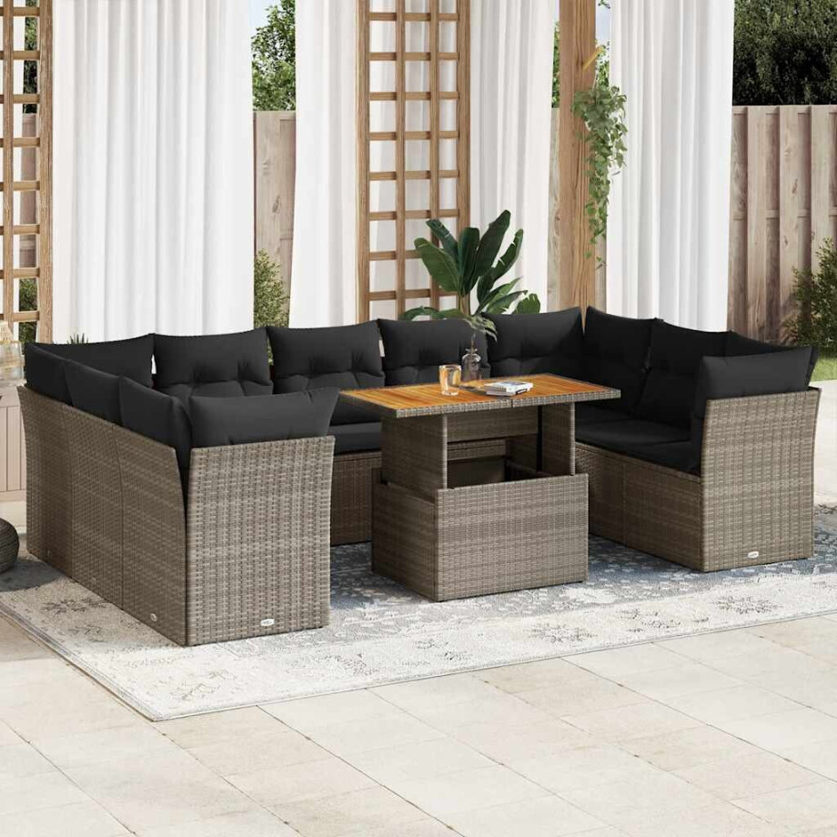 vidaXL 10-delige Loungeset met kussens poly rattan grijs vidaXL 10-delige Loungeset met kussens poly rattan grijs afbeelding 1