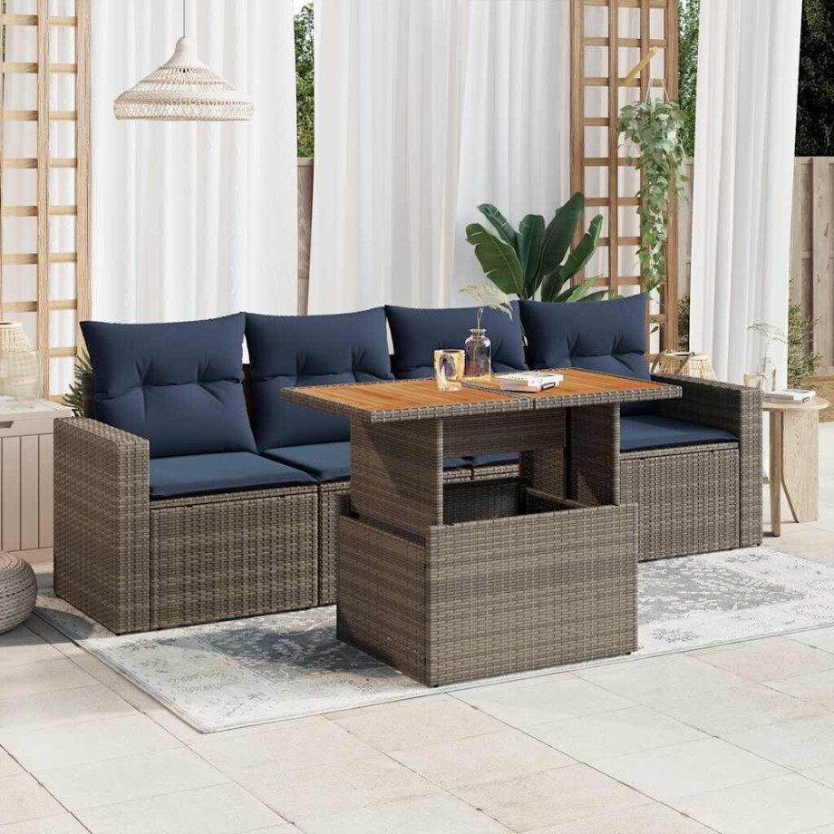 vidaXL 5-delige Loungeset met kussens poly rattan grijs afbeelding 1