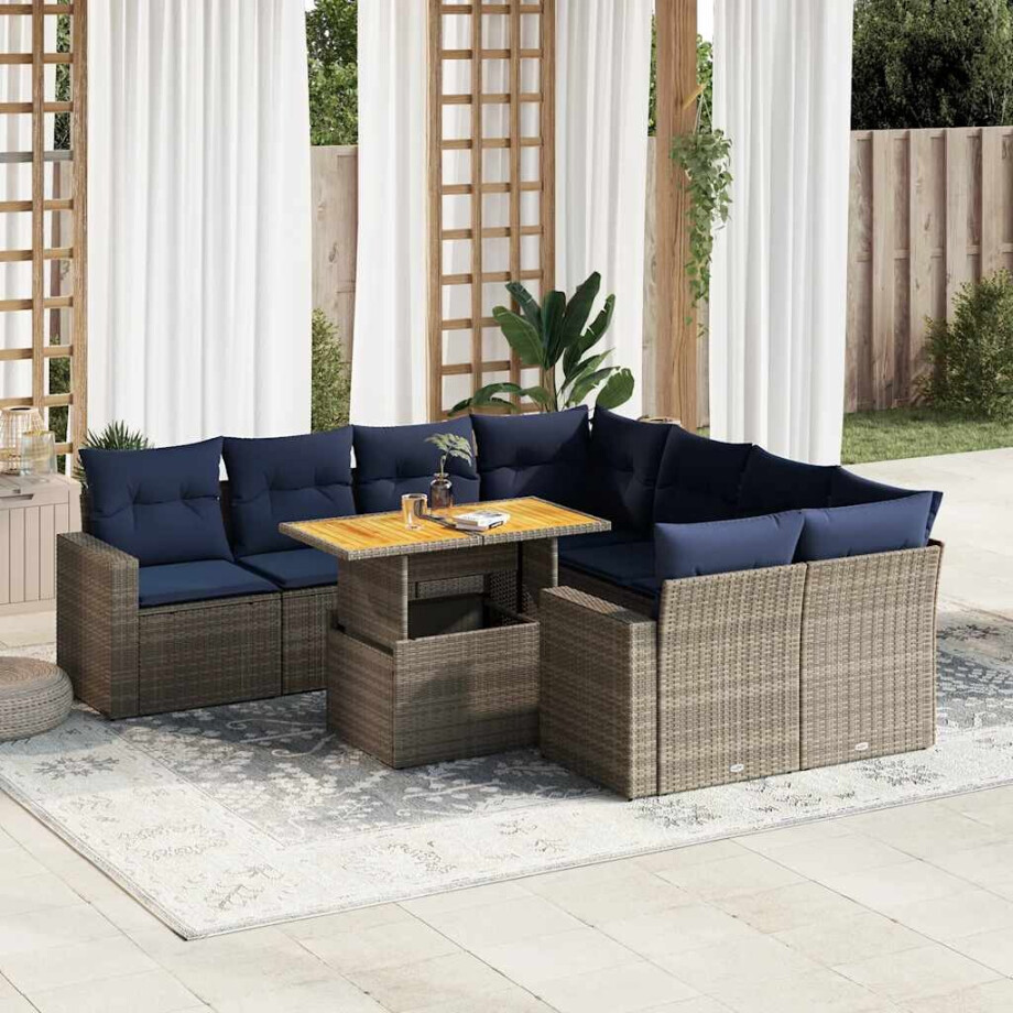 vidaXL 9-delige Loungeset met kussens poly rattan grijs afbeelding 1