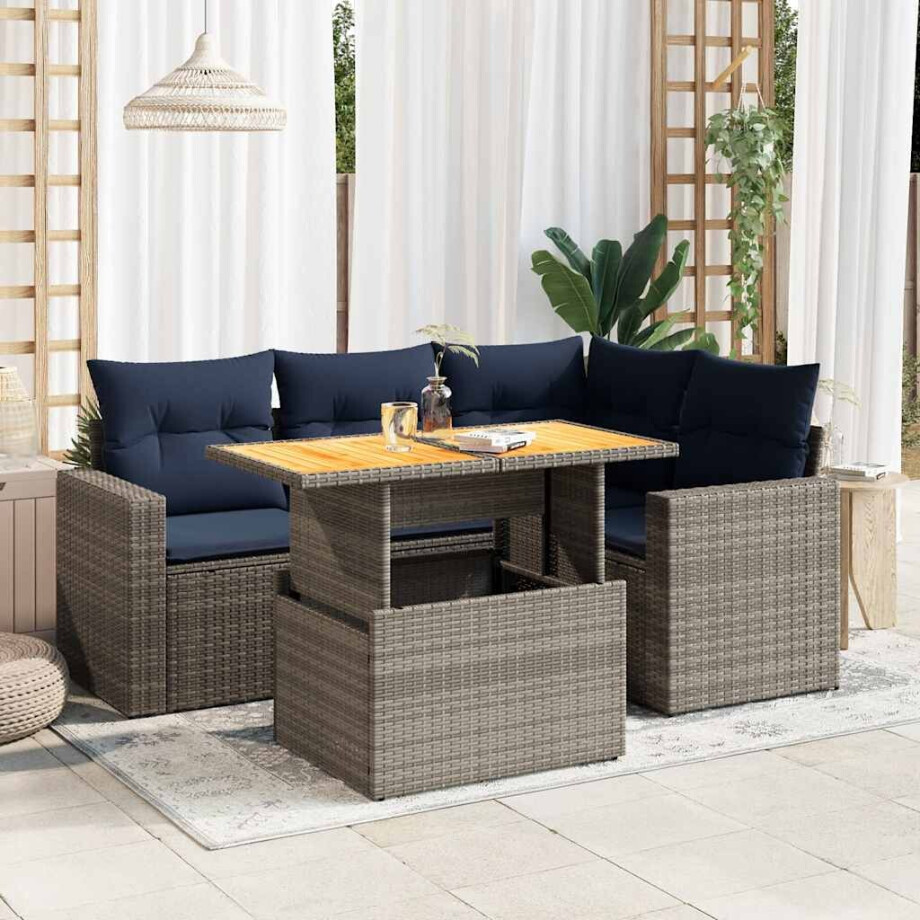 vidaXL 5-delige Loungeset met kussens poly rattan grijs afbeelding 1