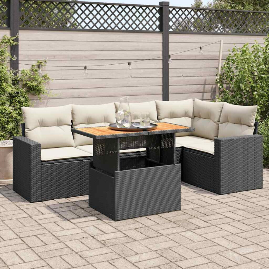 vidaXL 6-delige Loungeset met kussens poly rattan zwart afbeelding 1