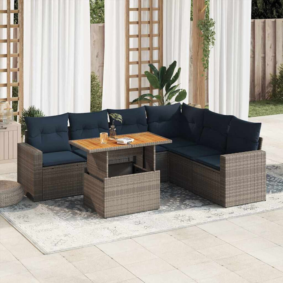 vidaXL 7-delige Loungeset met kussens poly rattan grijs afbeelding 1