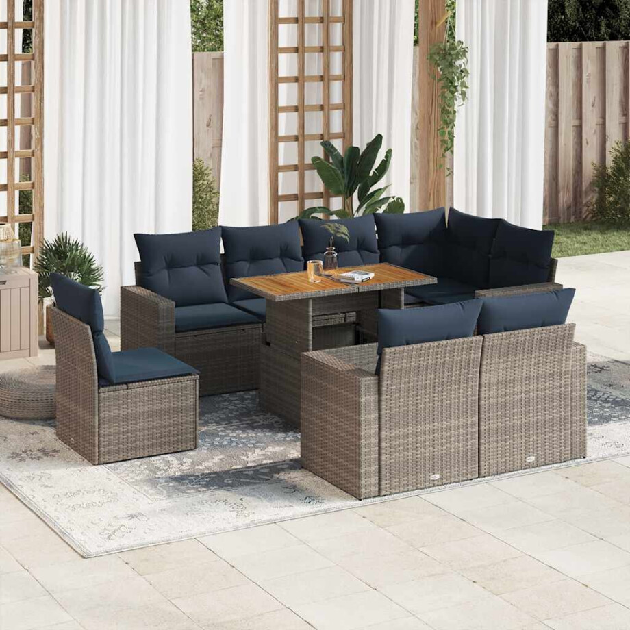 vidaXL 9-delige Loungeset met kussens poly rattan grijs afbeelding 1