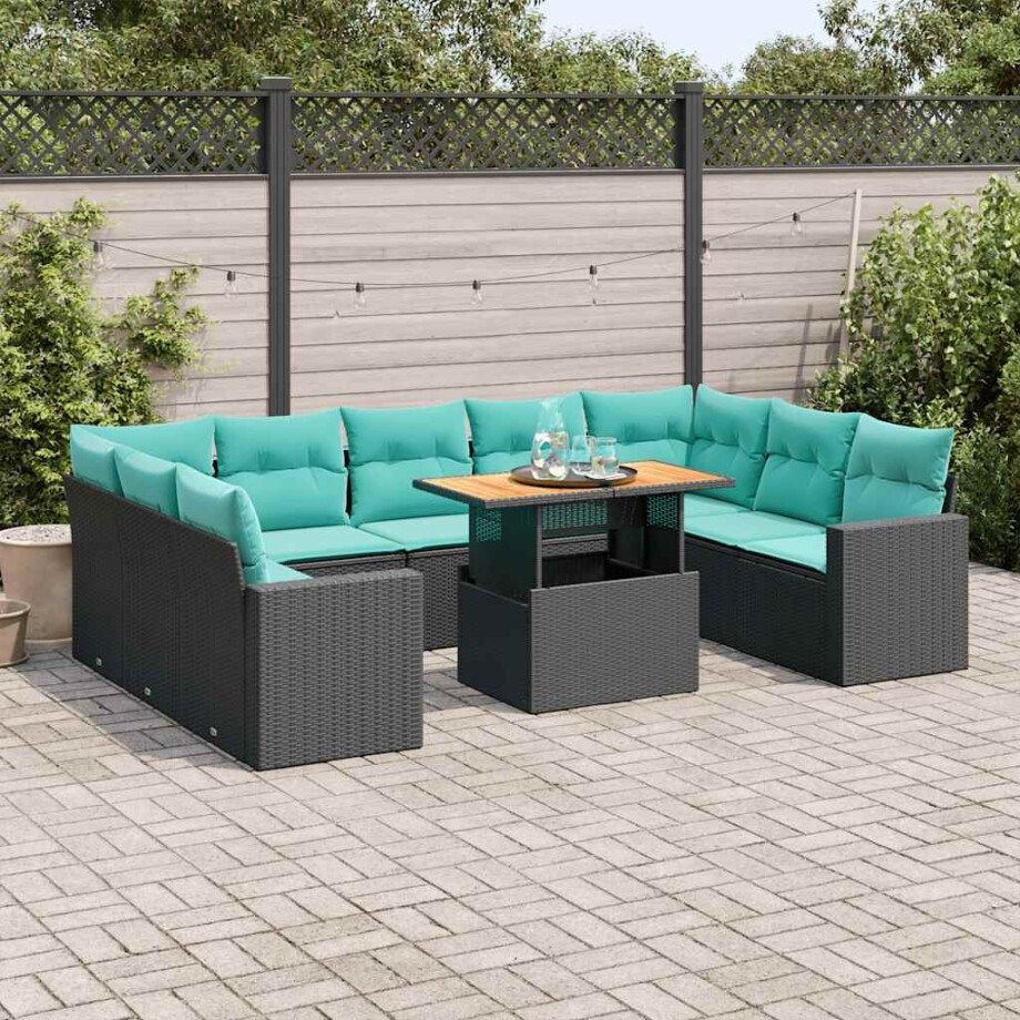 vidaXL 10-delige Loungeset met kussens poly rattan zwart afbeelding 1