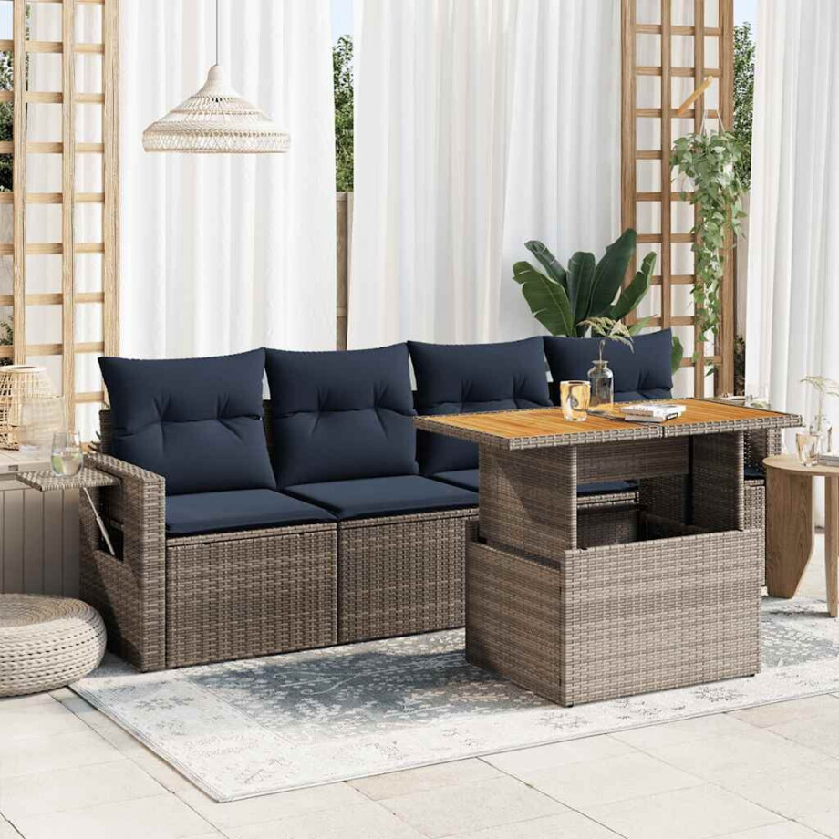 vidaXL 5-delige Loungeset met kussens poly rattan grijs afbeelding 1