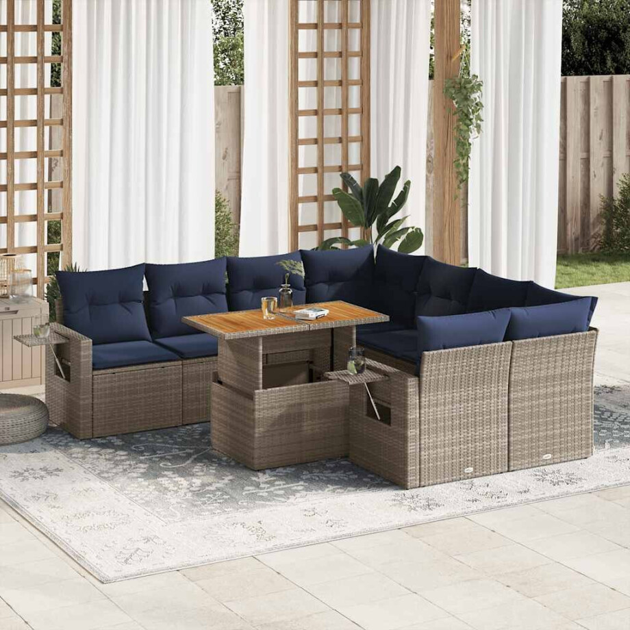 vidaXL 9-delige Loungeset met kussens poly rattan grijs afbeelding 1