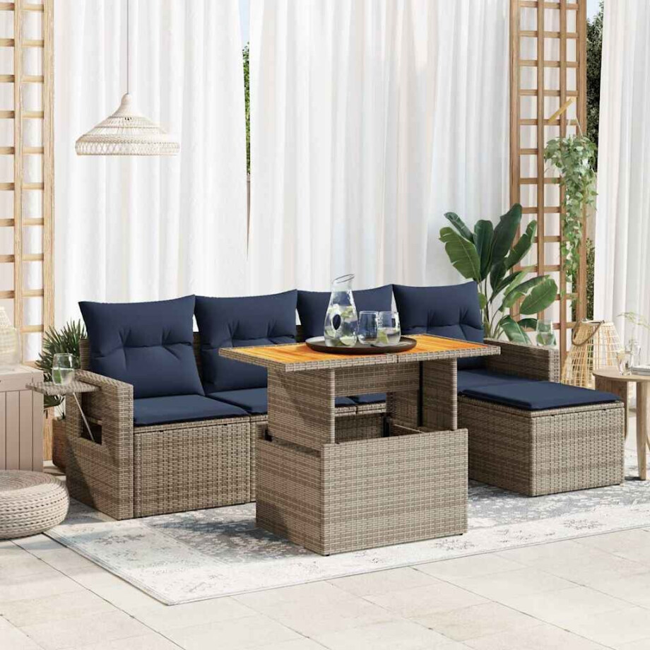 vidaXL 6-delige Loungeset met kussens poly rattan grijs vidaXL 6-delige Loungeset met kussens poly rattan grijs afbeelding 1