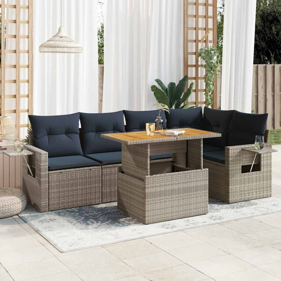 vidaXL 6-delige Loungeset met kussens poly rattan grijs afbeelding 1