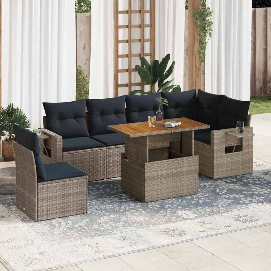 vidaXL 7-delige Loungeset met kussens poly rattan grijs afbeelding 1