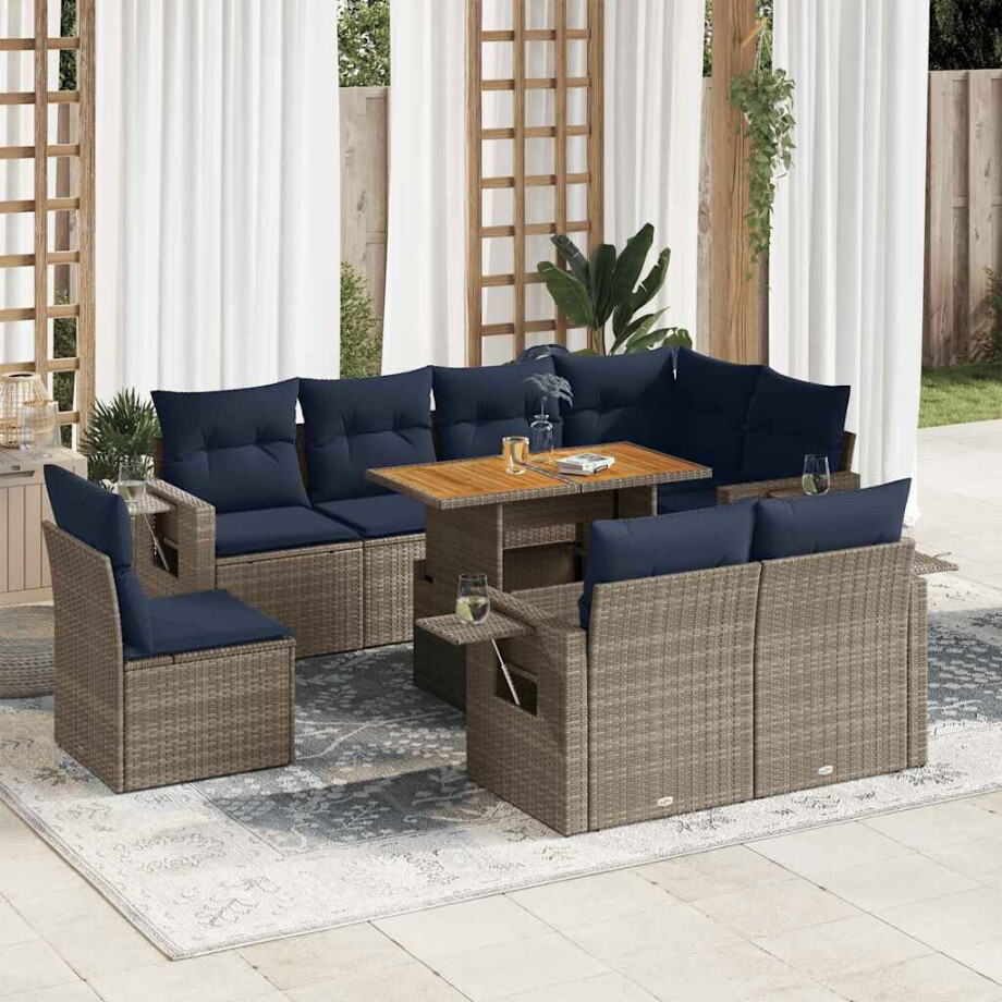 vidaXL 9-delige Loungeset met kussens poly rattan grijs afbeelding 1