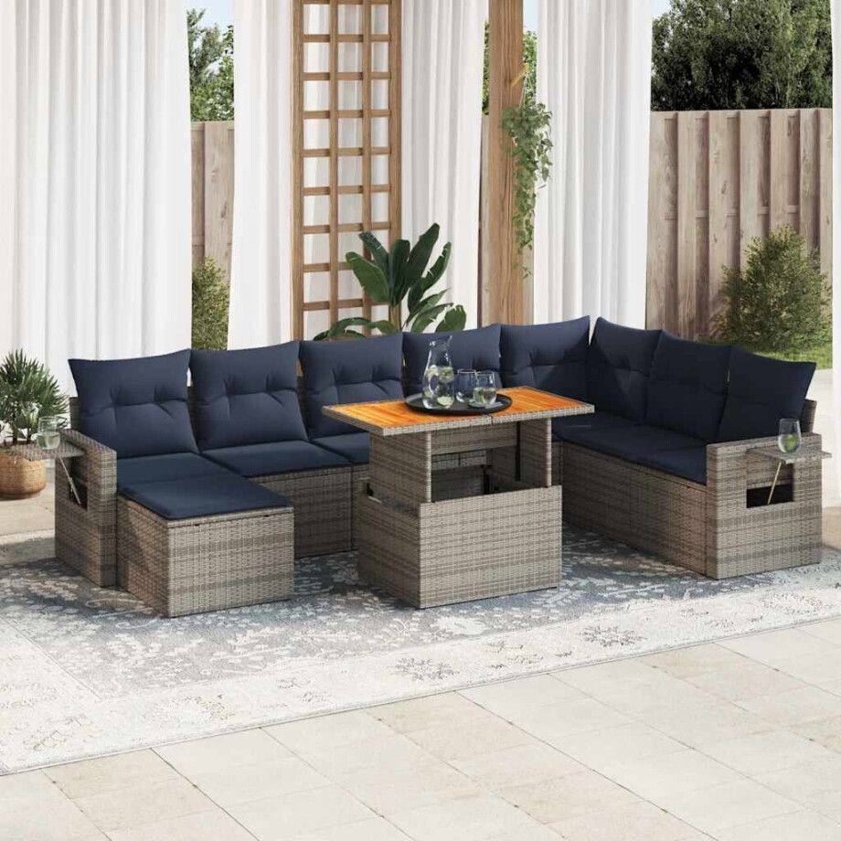 vidaXL 9-delige Loungeset met kussens poly rattan grijs afbeelding 1
