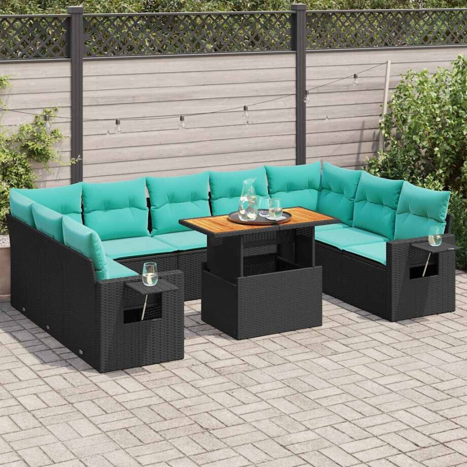 vidaXL 10-delige Loungeset met kussens poly rattan zwart afbeelding 1