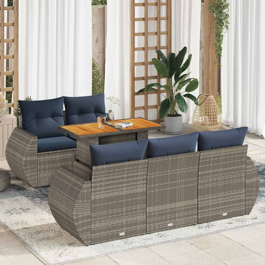 vidaXL 6-delige Loungeset met kussens poly rattan grijs afbeelding 1