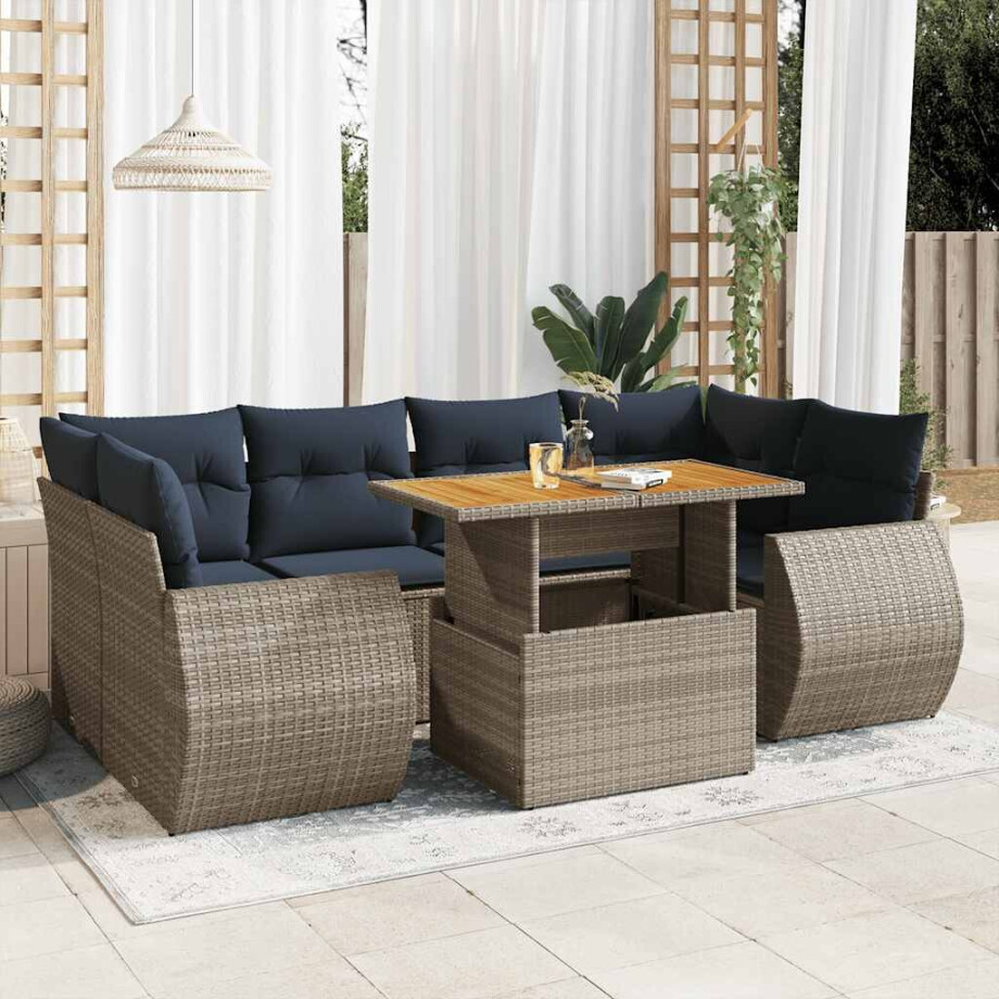 vidaXL 7-delige Loungeset met kussens poly rattan grijs afbeelding 1