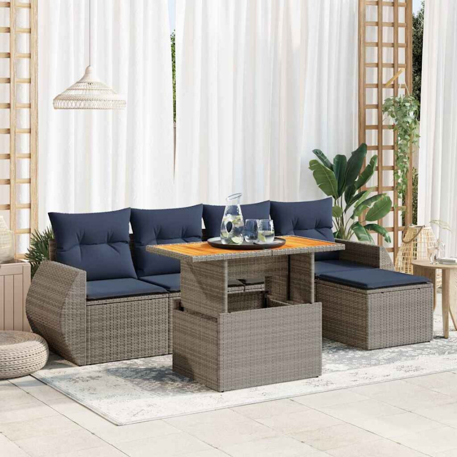 vidaXL 6-delige Loungeset met kussens poly rattan grijs afbeelding 1