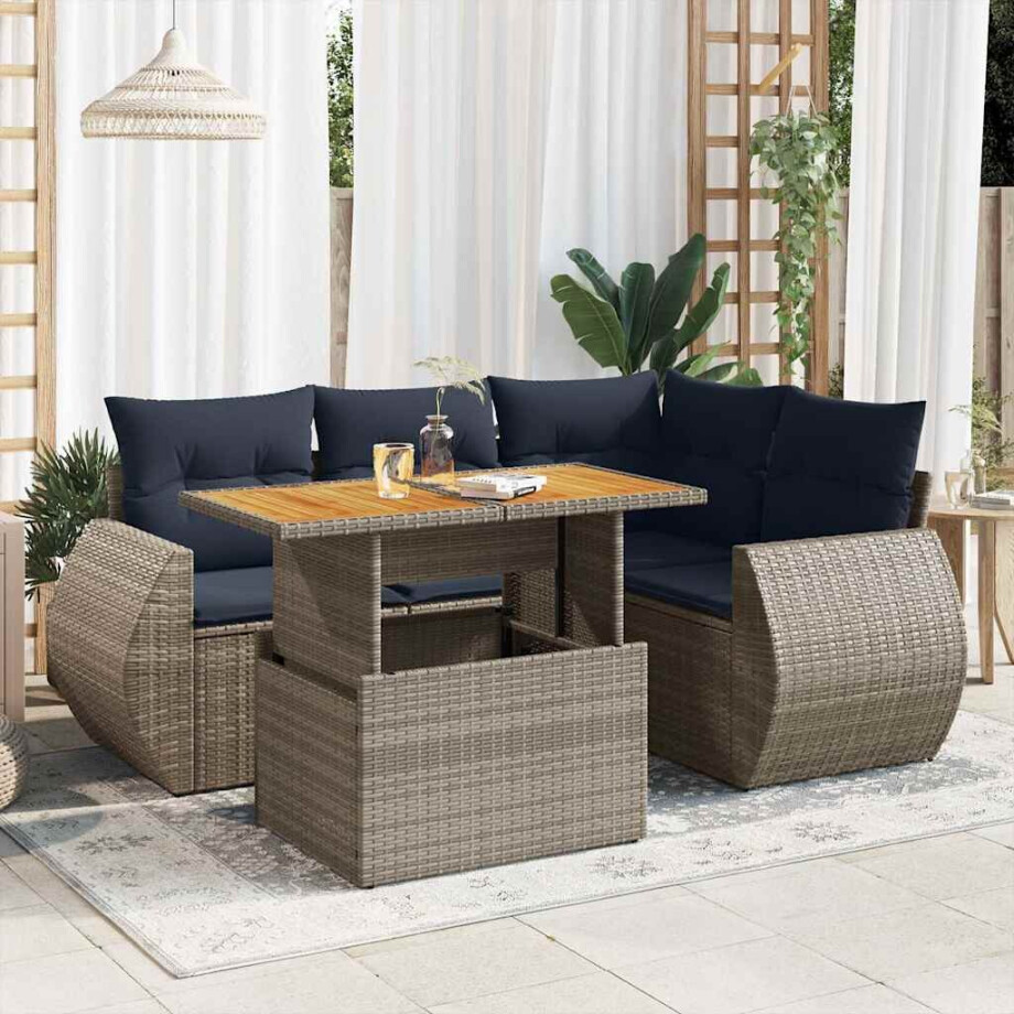 vidaXL 5-delige Loungeset met kussens poly rattan grijs afbeelding 1