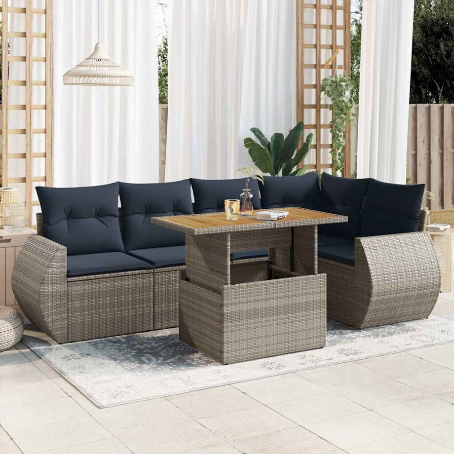 vidaXL 6-delige Loungeset met kussens poly rattan grijs afbeelding 1