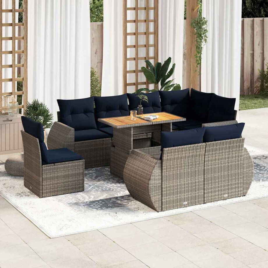 vidaXL 9-delige Loungeset met kussens poly rattan grijs afbeelding 1