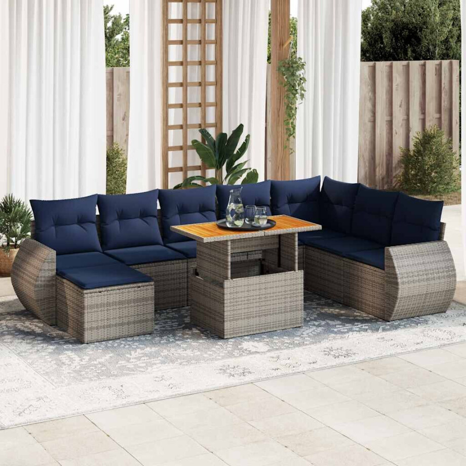 vidaXL 9-delige Loungeset met kussens poly rattan grijs afbeelding 1