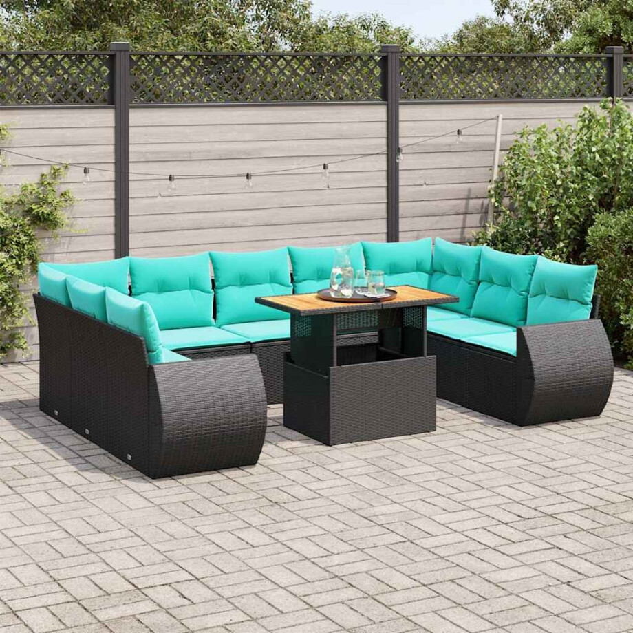 vidaXL 10-delige Loungeset met kussens poly rattan zwart afbeelding 1