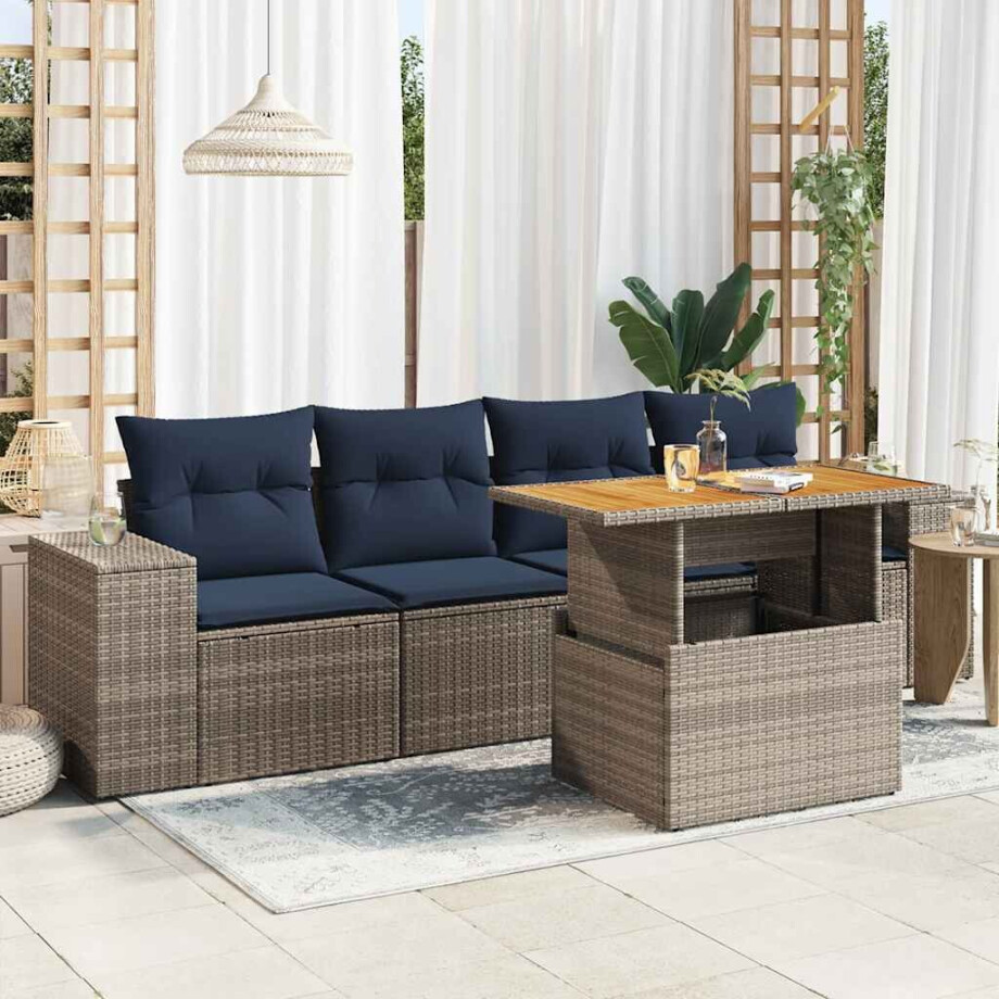 vidaXL 5-delige Loungeset met kussens poly rattan grijs vidaXL 5-delige Loungeset met kussens poly rattan grijs afbeelding 1