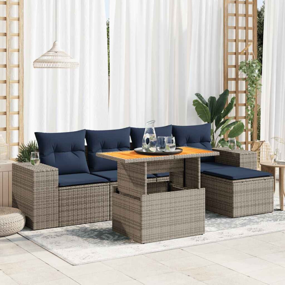 vidaXL 6-delige Loungeset met kussens poly rattan grijs afbeelding 1