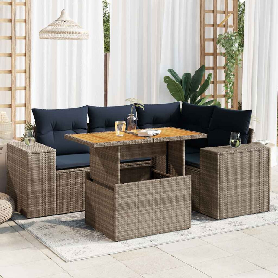 vidaXL 5-delige Loungeset met kussens poly rattan grijs vidaXL 5-delige Loungeset met kussens poly rattan grijs afbeelding 1