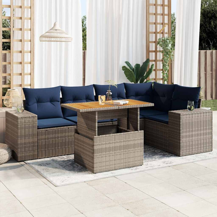 vidaXL 6-delige Loungeset met kussens poly rattan grijs afbeelding 1
