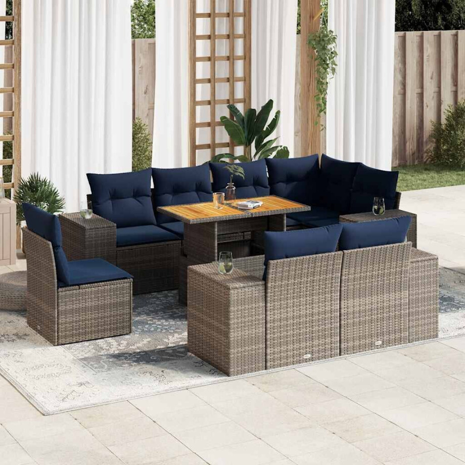 vidaXL 9-delige Loungeset met kussens poly rattan grijs afbeelding 1