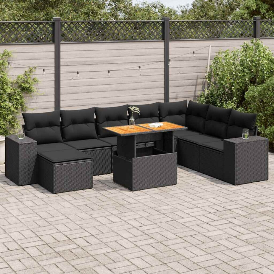 vidaXL 9-delige Loungeset met kussens poly rattan acacia zwart afbeelding 1