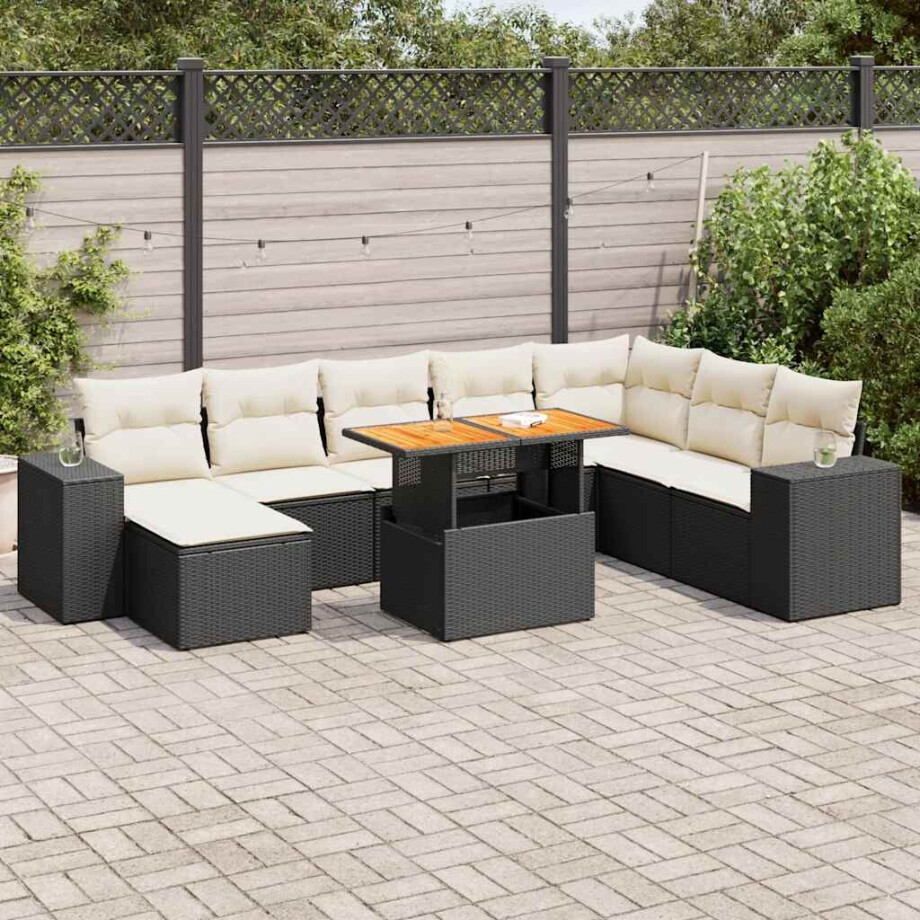 vidaXL 9-delige Loungeset met kussens poly rattan acacia zwart afbeelding 1
