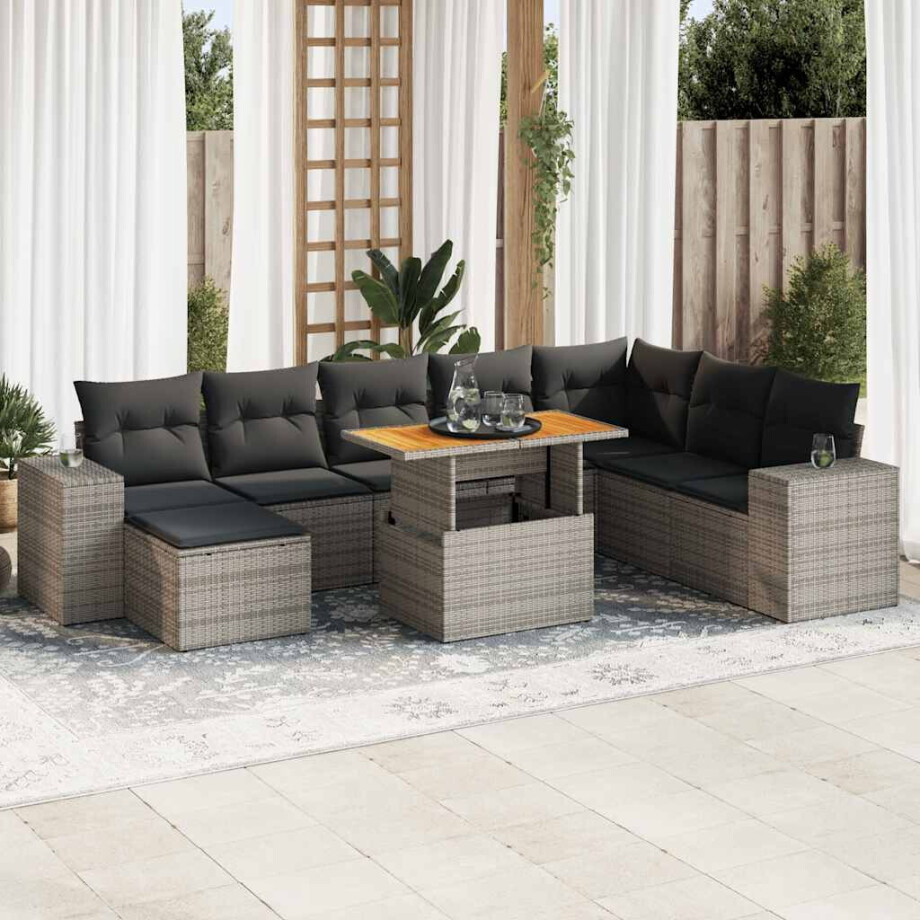 vidaXL 9-delige Loungeset met kussens poly rattan acacia grijs afbeelding 1