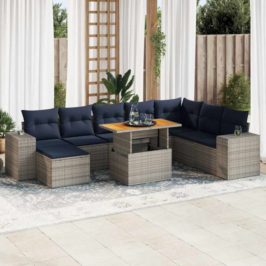 vidaXL 9-delige Loungeset met kussens poly rattan grijs vidaXL 9-delige Loungeset met kussens poly rattan grijs afbeelding 1