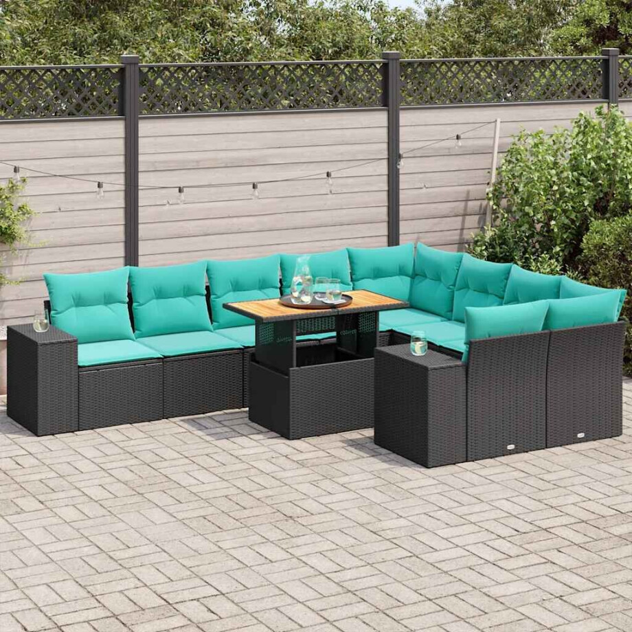 vidaXL 10-delige Loungeset met kussens poly rattan zwart afbeelding 1