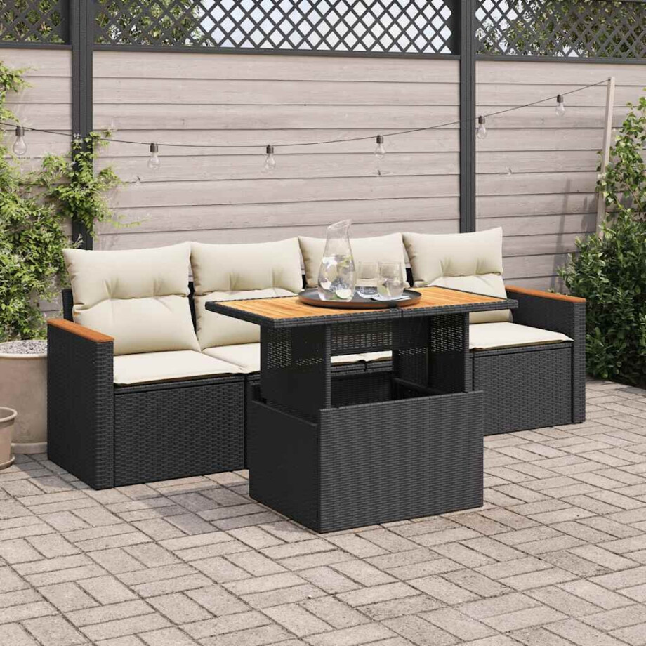 vidaXL 5-delige Loungeset met kussens poly rattan acacia zwart afbeelding 1