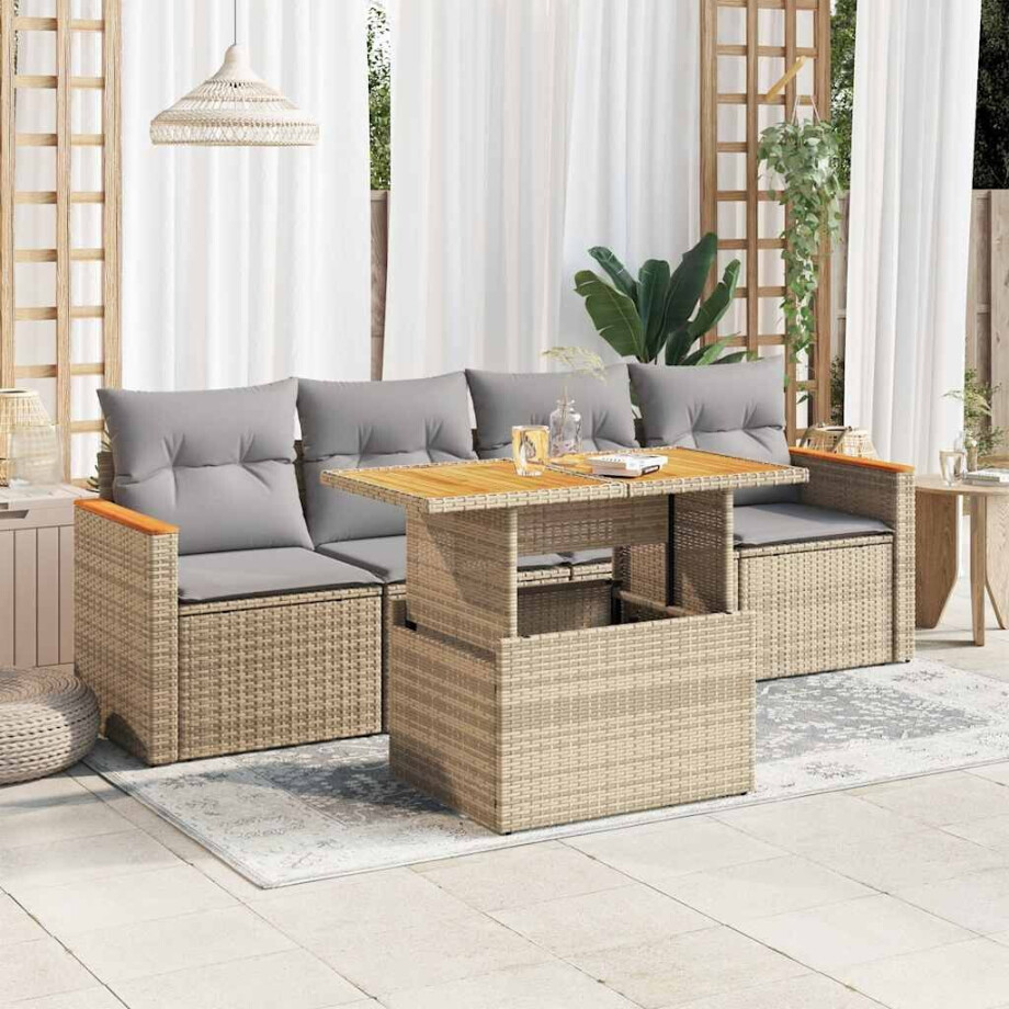 vidaXL 5-delige Loungeset met kussens poly rattan en acaciahout beige afbeelding 1