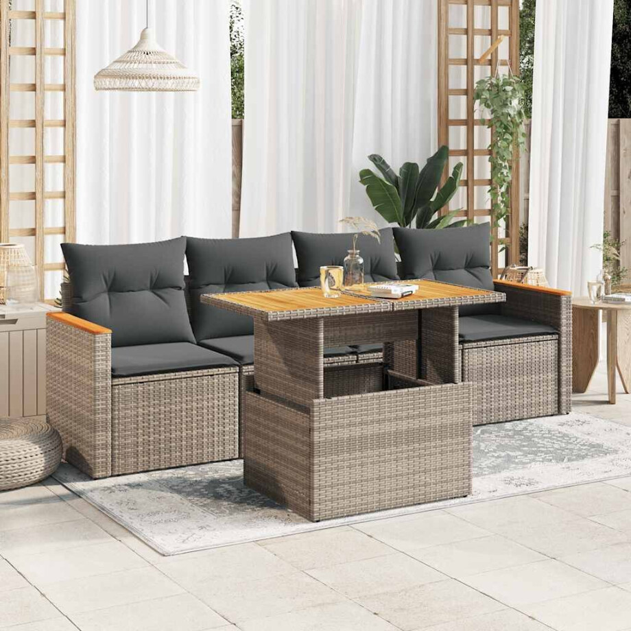 vidaXL 5-delige Loungeset met kussens poly rattan acacia grijs afbeelding 1