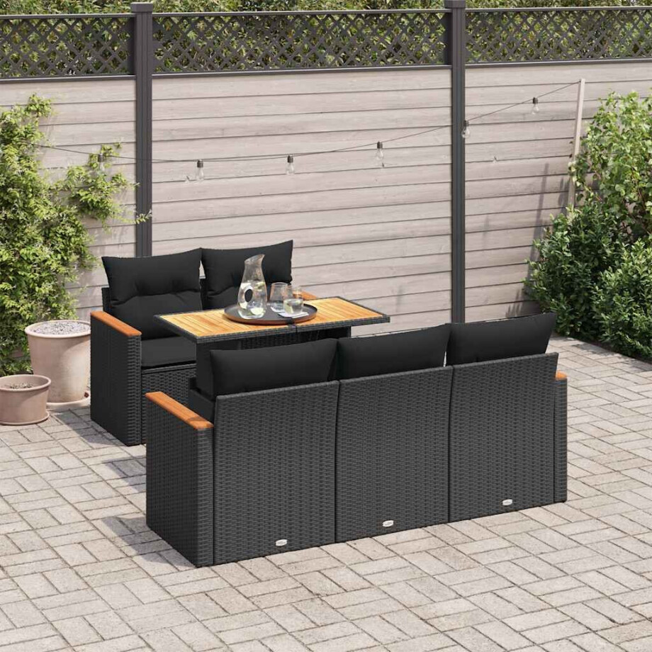 vidaXL 6-delige Loungeset met kussens poly rattan acacia zwart afbeelding 1