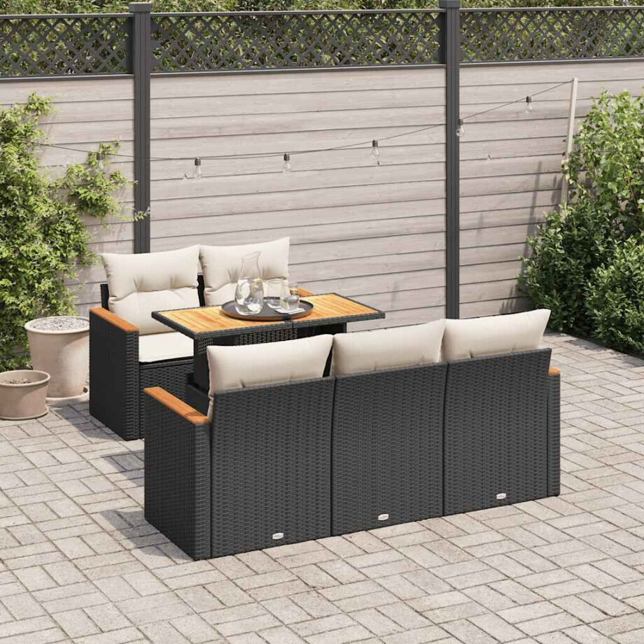 vidaXL 6-delige Loungeset met kussens poly rattan acacia zwart afbeelding 1